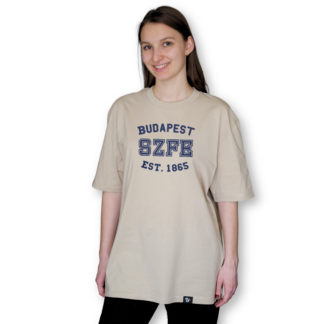 SZFE EST 1865 nude oversized shirt blue font